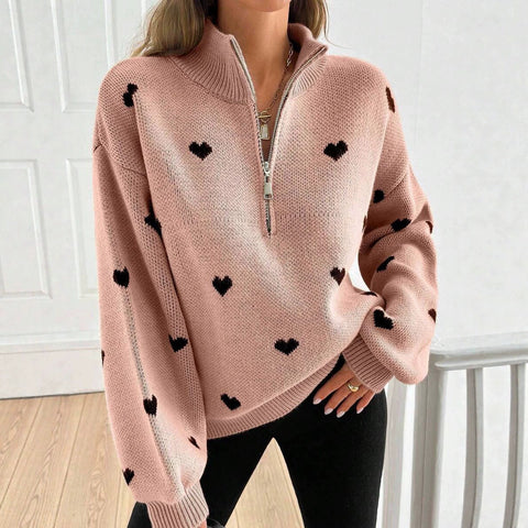 Foreign trade knitted long-sleeved love pattern zipper sweater FF303299