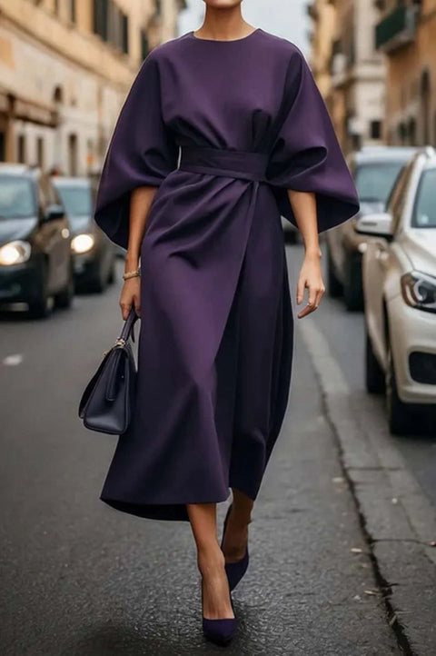 Fashion temperament elegant solid color waist dress casual bat sleeve long dress m301326