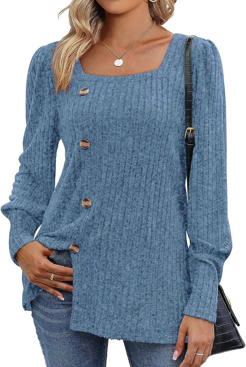 Autumn and winter new buckle square neck long-sleeved solid color women's t-shirt m300546
