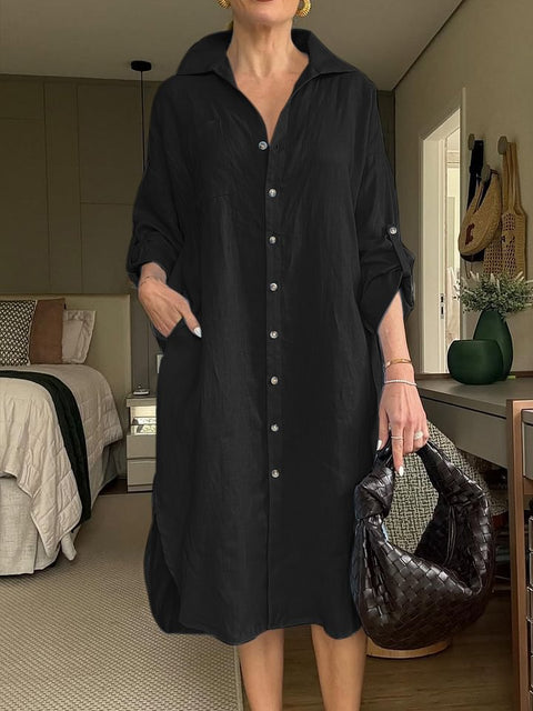 Women's dress cotton and linen shirt long dress fashion casual long sleeve cardigan dress m301932