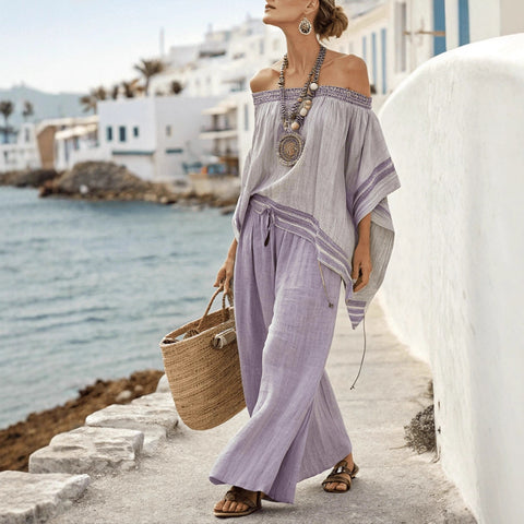 Summer new retro elegant vacation style purple literary loose fashion casual top wide leg pants set m302043