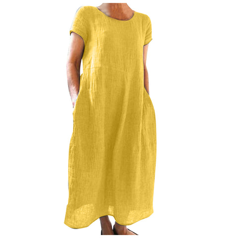 Solid color retro loose cotton and linen dress m301060