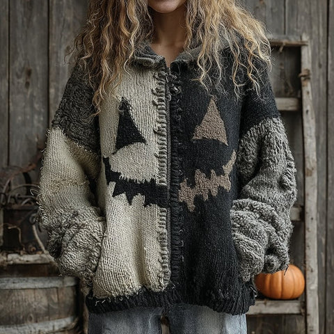 Halloween spoof digital printing zipper pumpkin hooded imitation knitted sweater m302044