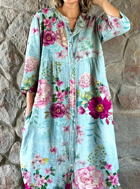 Women's Loose Crew Neck Fashion Premium Long Sleeve Printed Shirt Dress m301050