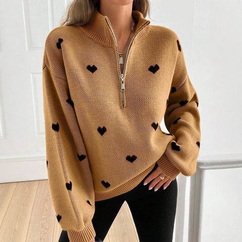 Foreign trade knitted long-sleeved love pattern zipper sweater FF303299