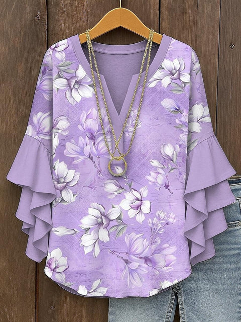 Creative floral element printing digital printing casual trend V-neck lotus edge T-shirt women's m301769