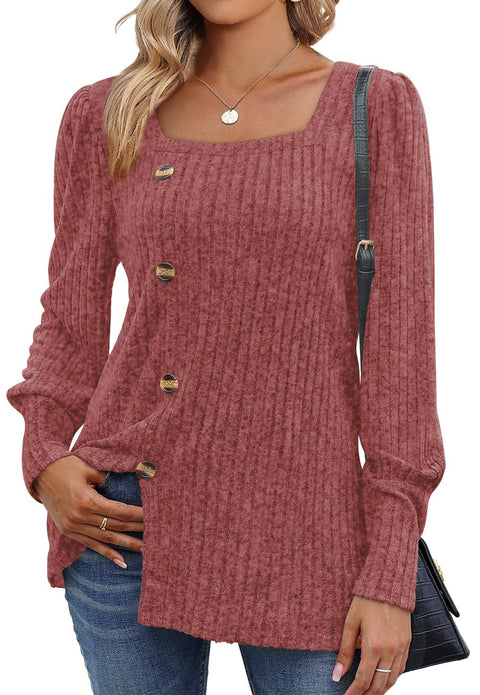 Autumn and winter new buckle square neck long-sleeved solid color women's t-shirt m300546
