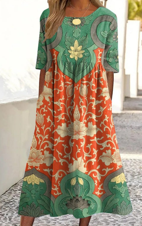 Up and down splicing pocket size printing big wide dress m301712