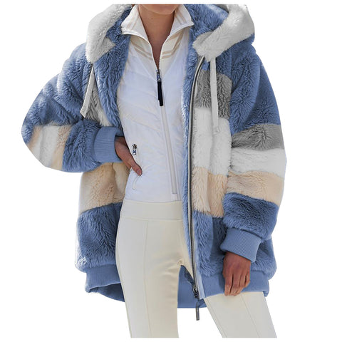 Warm plush patchwork zipper pocket hooded loose coat women m300611