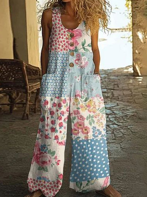 Casual sleeveless loose pocket overalls women's long jumpsuit m301435