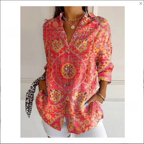 3D digital printing abstract pattern women's long-sleeved buckle linen shirt m302749 -2