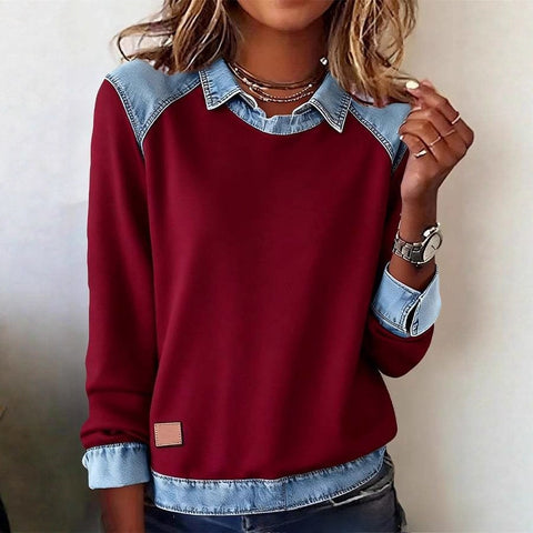 Denim collar long sleeves, pullover spliced knitted sweater top m302161