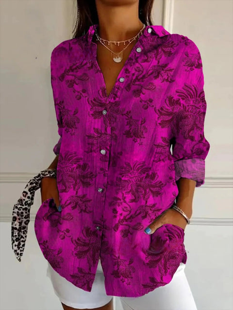 3D digital printing abstract pattern women's long-sleeved buckle linen shirt m302749 -2
