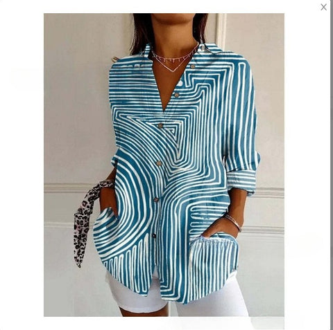 3D digital printing abstract pattern women's long-sleeved buckle linen shirt m302749 -2