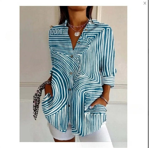 3D digital printing abstract pattern women's long-sleeved buckle linen shirt m302749 -2