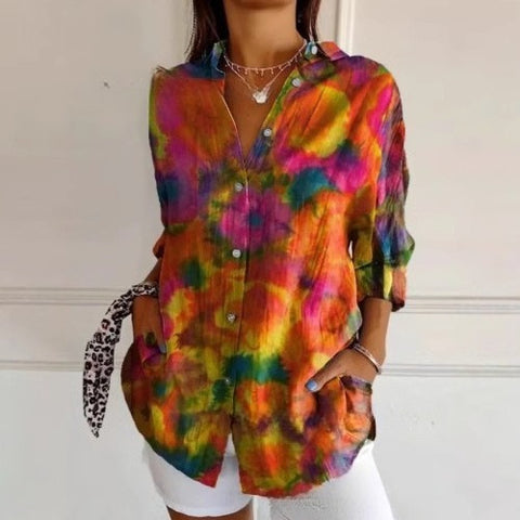 3D digital printing abstract pattern women's long-sleeved buckle linen shirt m302749 -2