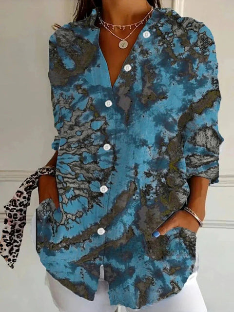 3D digital printing abstract pattern women's long-sleeved buckle linen shirt m302749 -2
