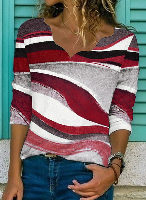 Color Block V Neckline Long Sleeve Blouses m161512831 (5829547)